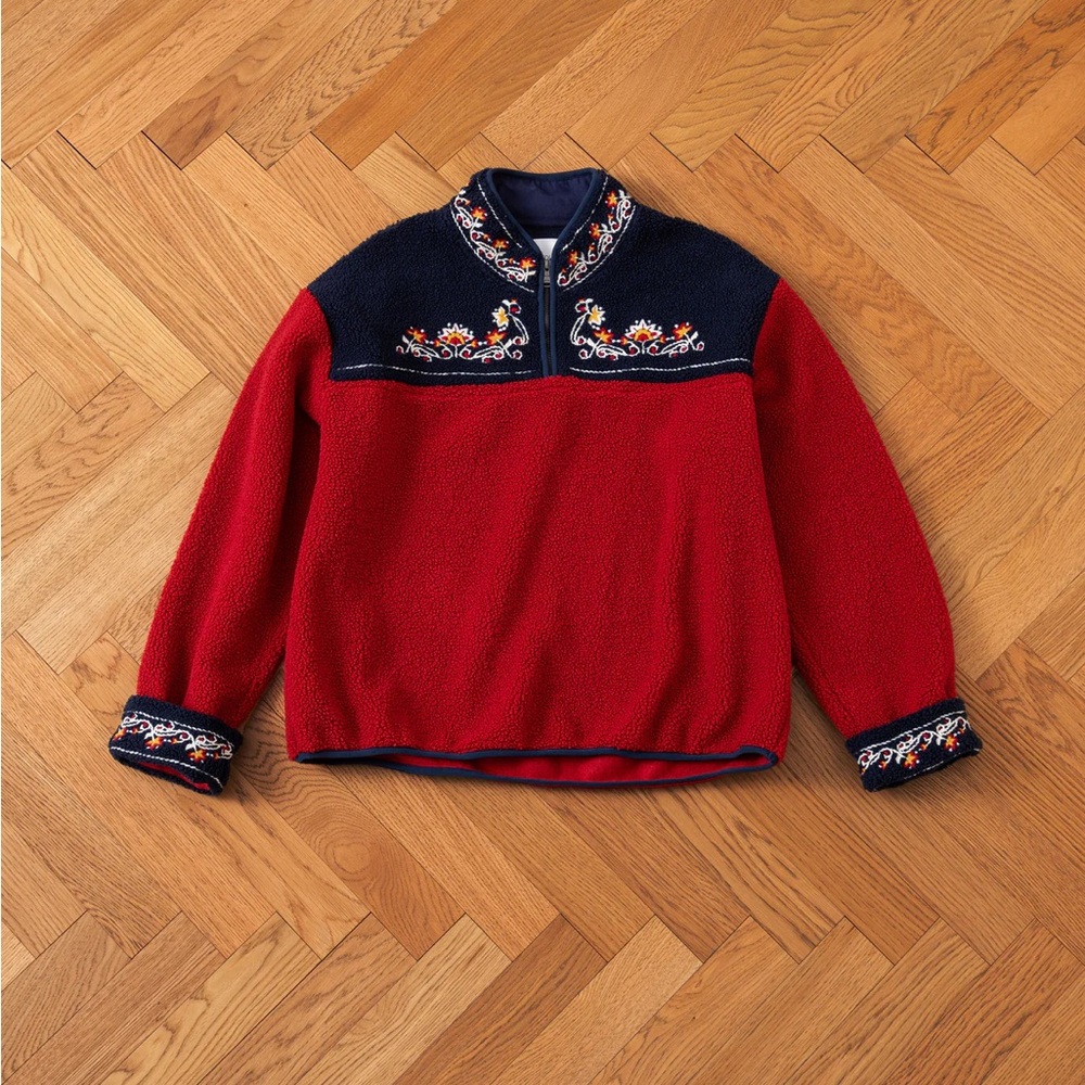 FOUND PAHARI FLORAL EMBROIDERED SHERPA PULLOVER